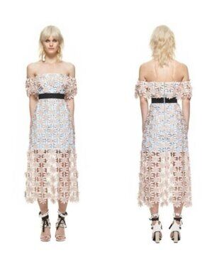 Self-Portrait 3D Floral Guipure Lace Off-Shoulder Midi Dress Pink Blue